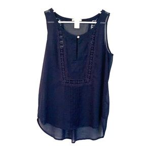 Embroidered, sheer, sleeveless navy blouse